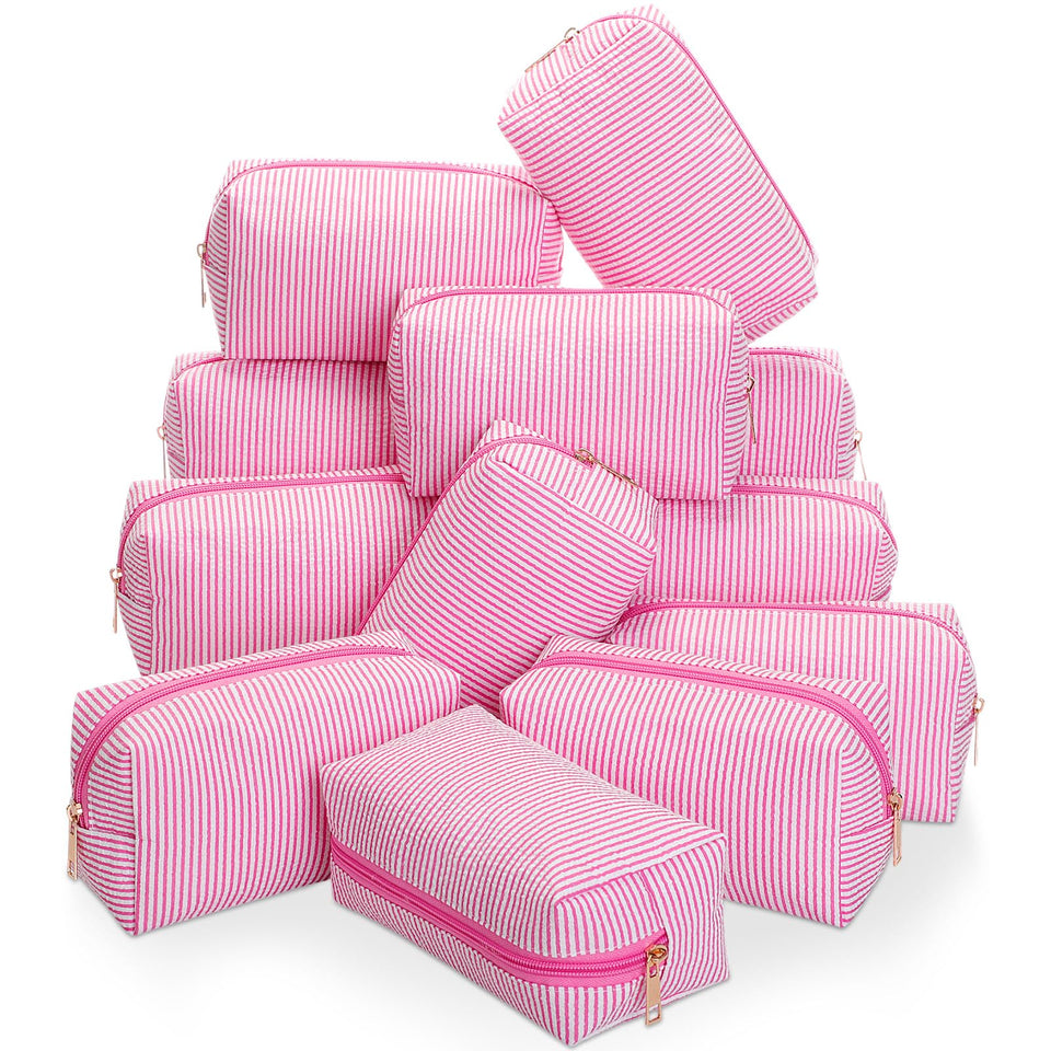 Sanwuta seersucker cosmetic bag set in pink, 12-piece bulk pack for elegant travel organization.