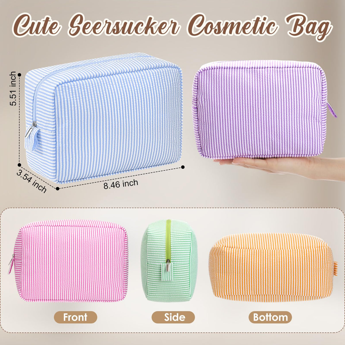 Sanwuta candy color seersucker makeup bag; spacious design keeps cosmetics organized