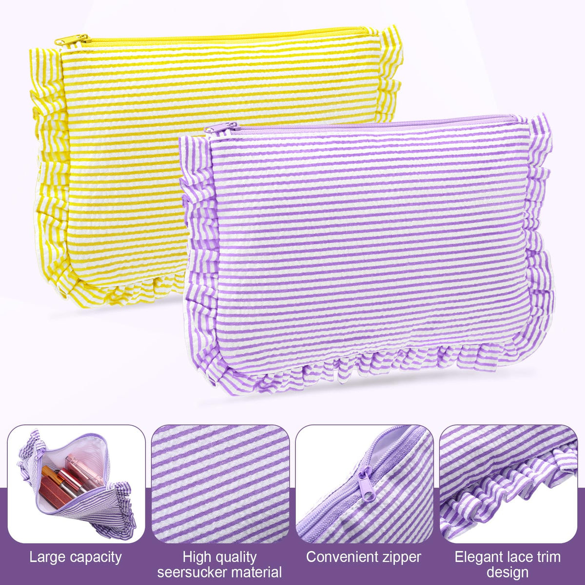 Sanwuta seersucker makeup bag light blue with ruffle detail, lightweight daily organizer.