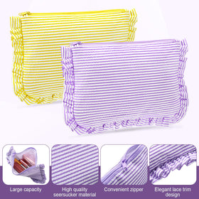 Sanwuta seersucker makeup bag light blue with ruffle detail, lightweight daily organizer.