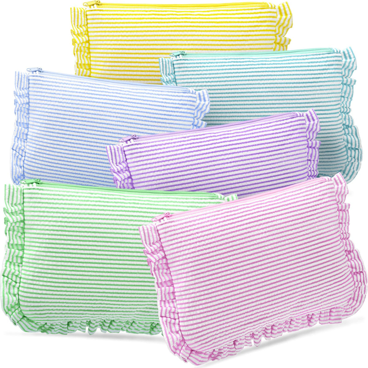Sanwuta seersucker makeup bag light pink with ruffle detail for organized cosmetics on the go.