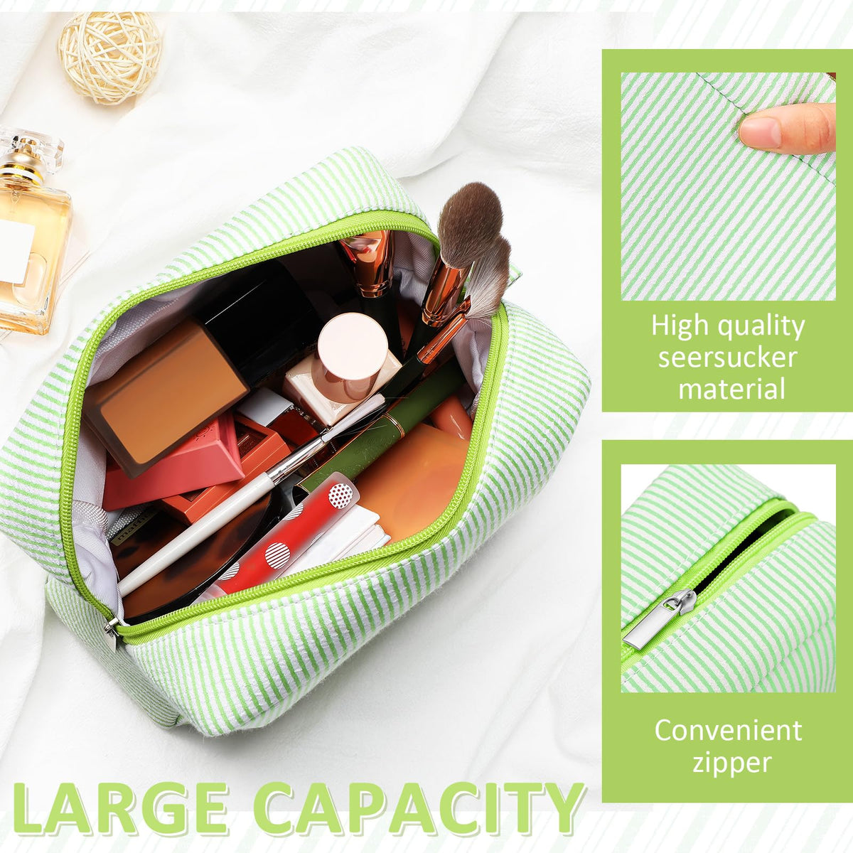 Sanwuta seersucker makeup bags in green stripe ideal for compact makeup organization