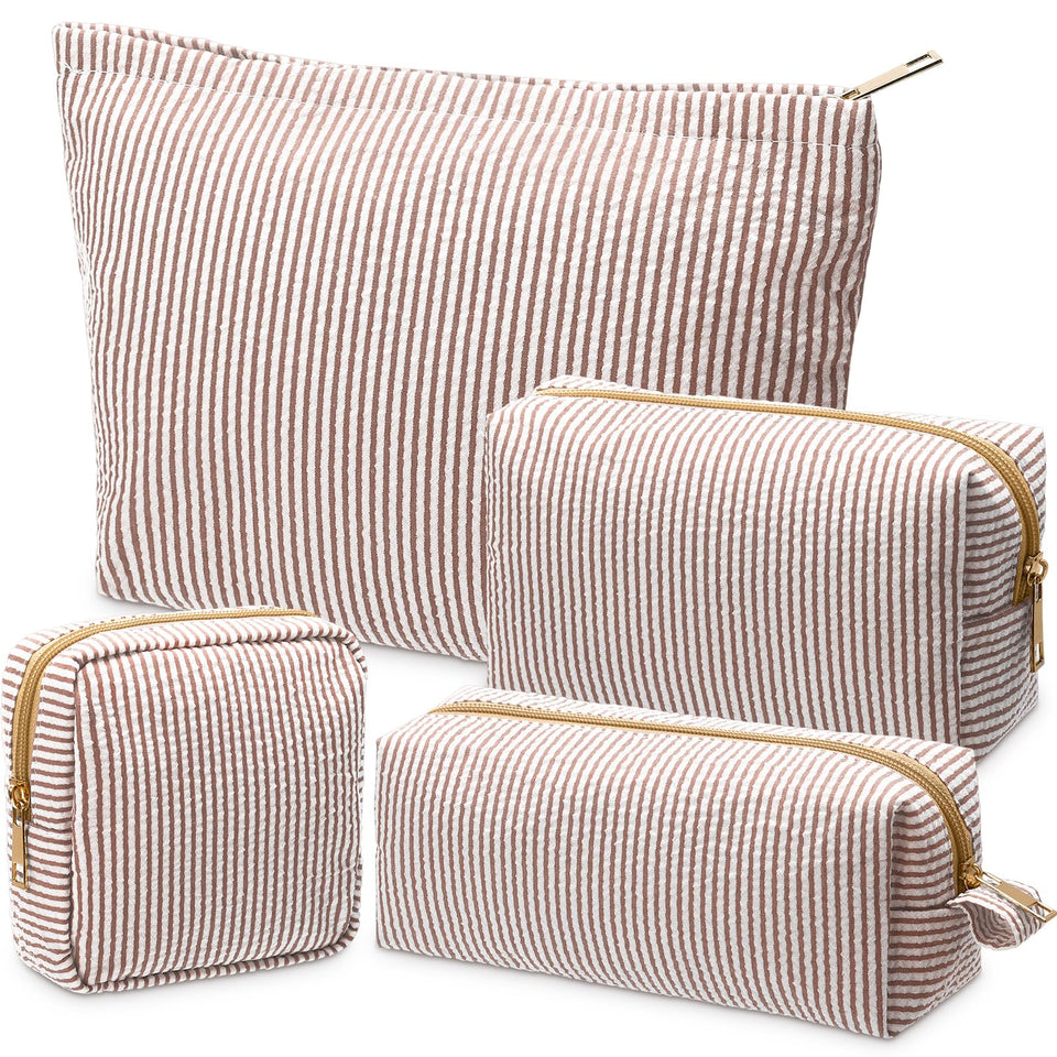 Sanwuta Seersucker 6-corner cosmetic bag in khaki with secure zipper.