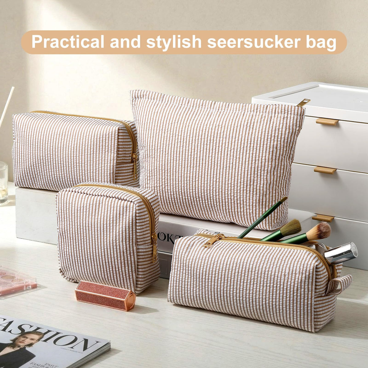 Sanwuta Seersucker small 8-corner pencil case with khaki fabric and secure zipper.