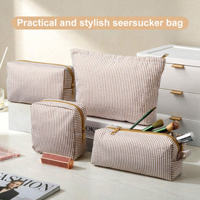 Sanwuta Seersucker small 8-corner pencil case with khaki fabric and secure zipper.