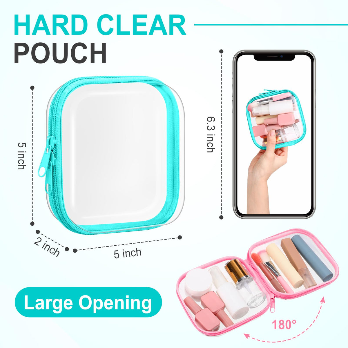 Sanwuta transparent makeup bag showing compact 5x5 inch size.