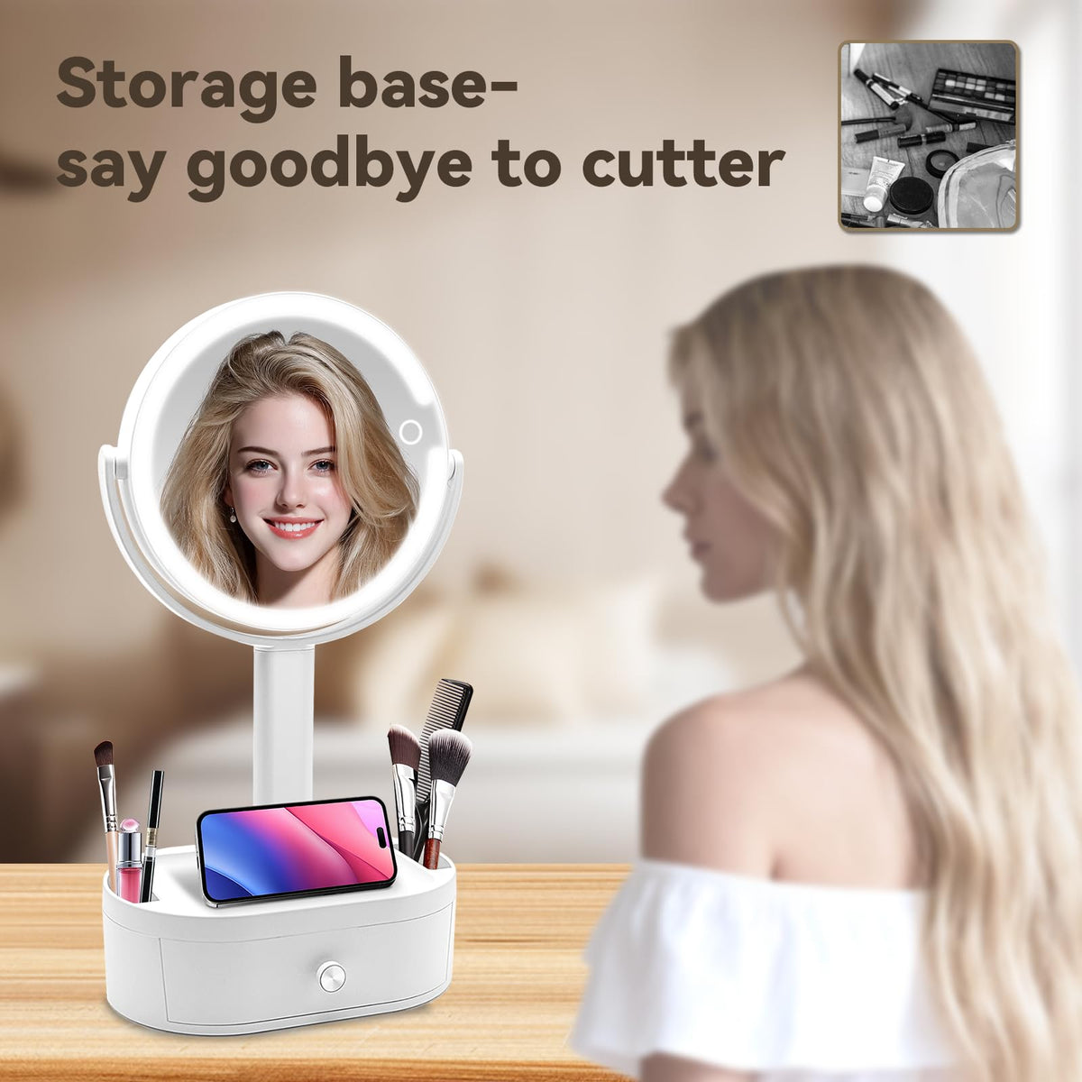 SANYCASA makeup mirror with lights USB-C charging keeps power.