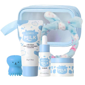 SANZHUAN Milk Skincare Set for Teens cleanser image shows a gentle travel-size wash for daily hydration.