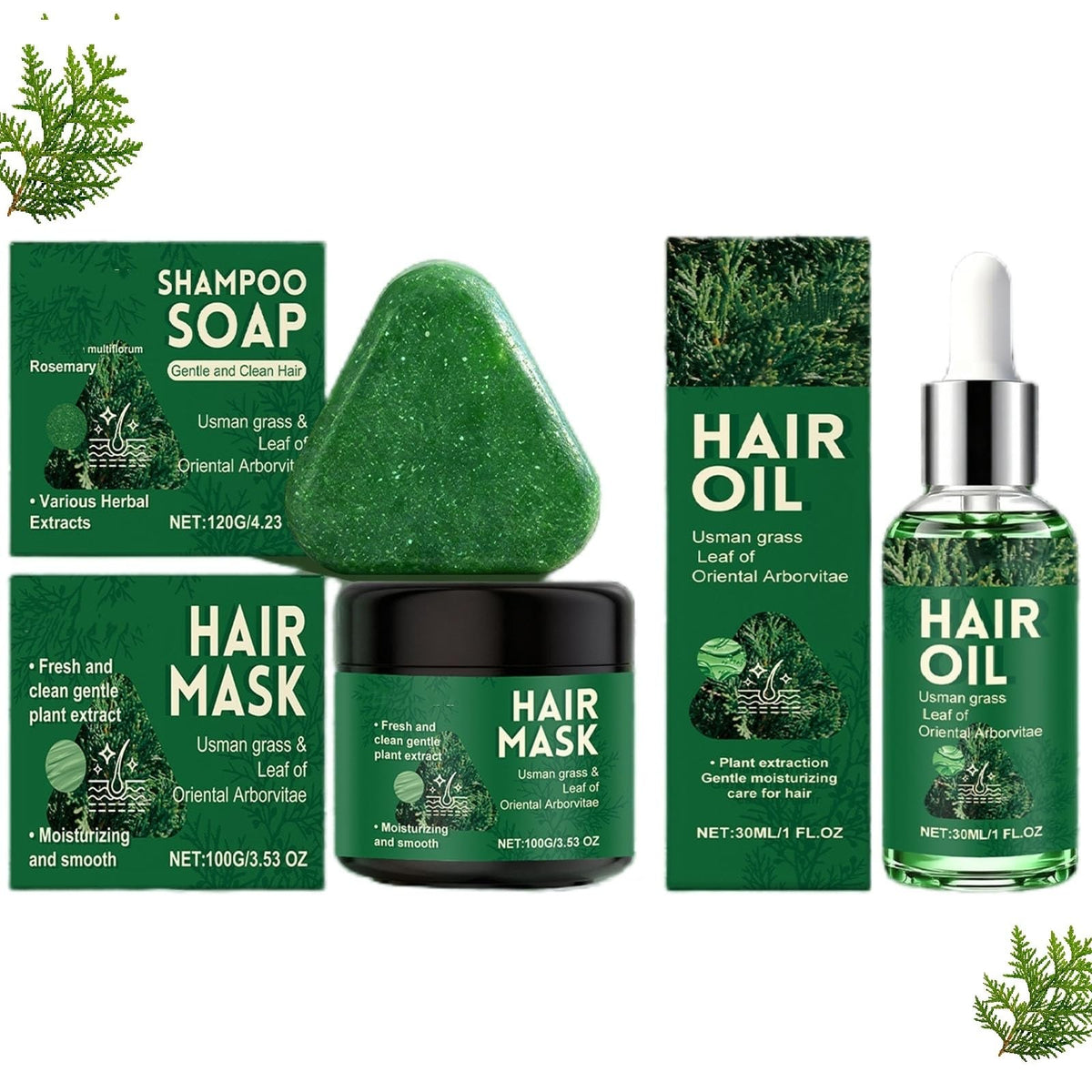 SANZHUAN Usman Grass Hair Oil bottle pour illustrating nourishing application for smooth, hydrated hair.