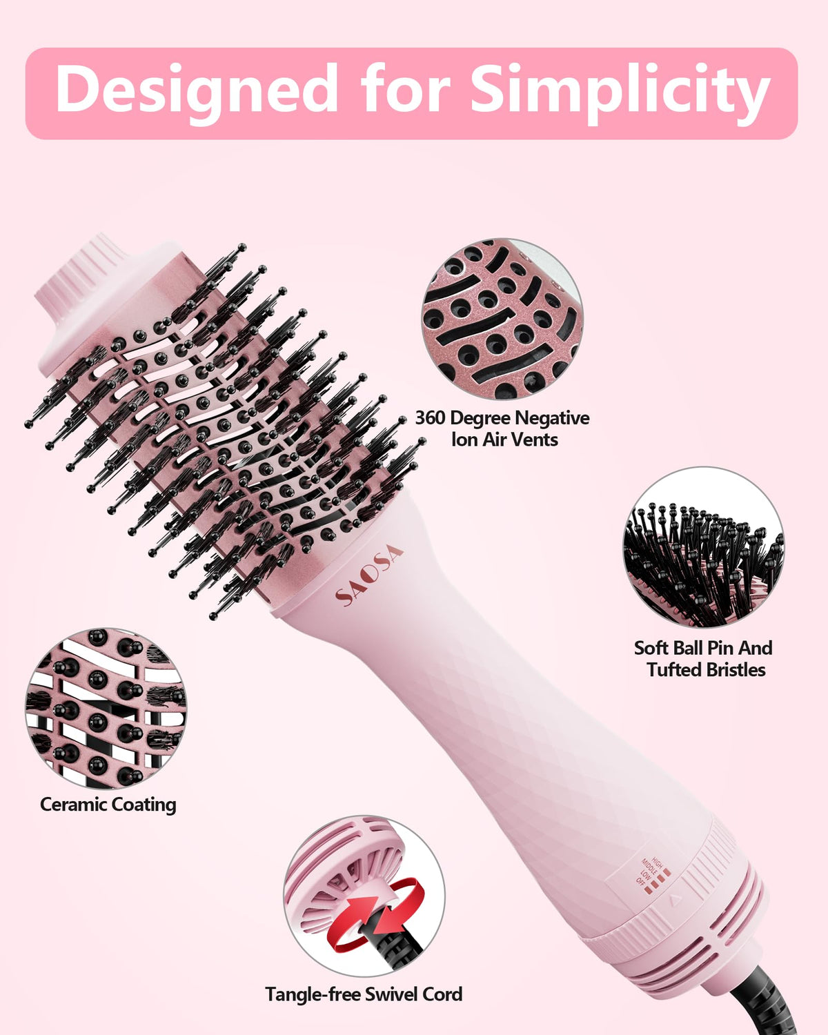 SAOSA nylon pin and tufted bristles to prevent knots during blowouts
