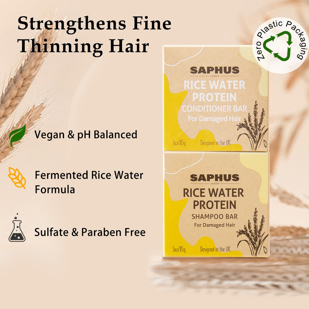 SAPHUS argan conditioner bar on display showing silky detangling and shine.