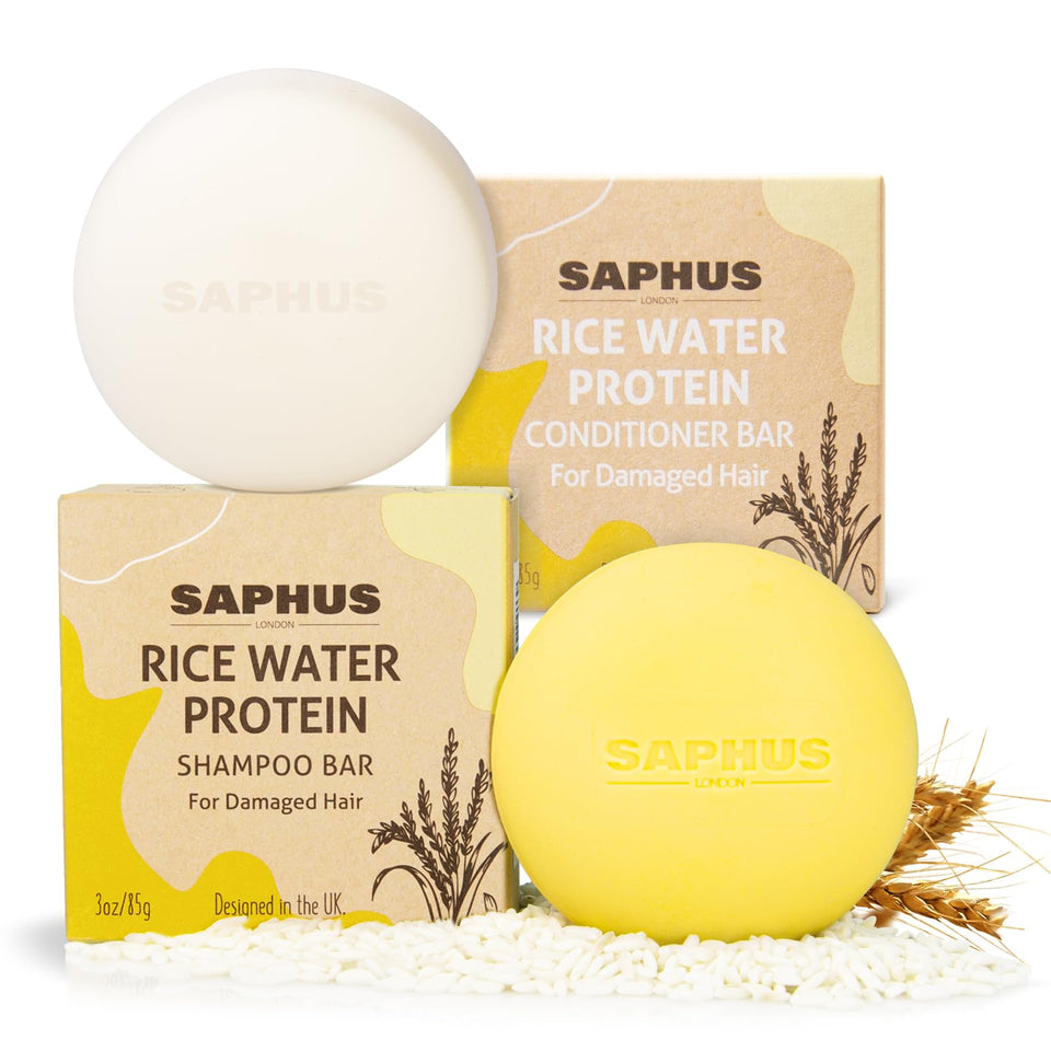 SAPHUS rice water shampoo bar close-up highlighting creamy texture for gentle cleansing.