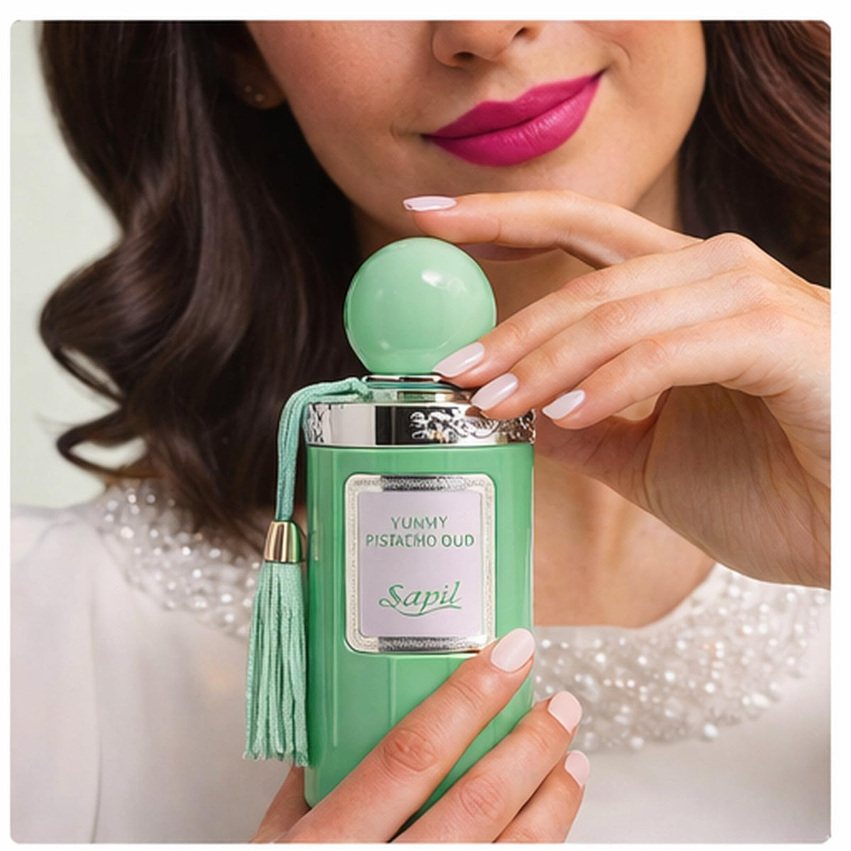 Elegant Sapil Yummy Pistachio Oud EDP bottle with long-lasting appeal for evenings.