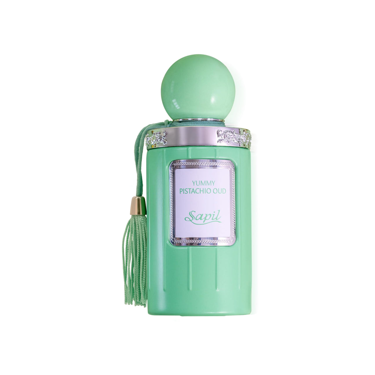 Sapil Yummy Pistachio Oud EDP bottle front showing long-lasting gourmand florals.