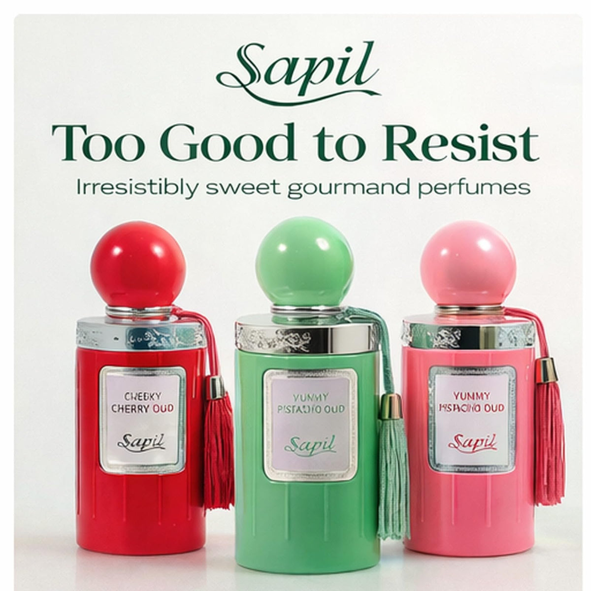 Branding label and packaging details of Sapil Yummy Pistachio Oud EDP.