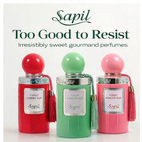 Branding label and packaging details of Sapil Yummy Pistachio Oud EDP.