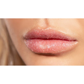 Routine setup image features Sara Happ lip scrub ready to prep lips before care.