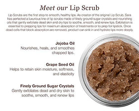 Sara Happ lip scrub packaging shows vegan-friendly formula and travel-friendly 0.5 oz size.