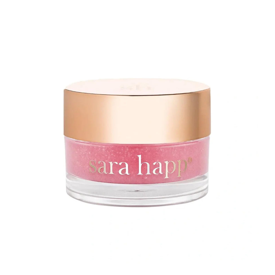 Sara Happ lip scrub pink grapefruit jar demonstrates gentle exfoliation for dry lips.