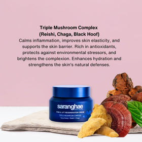 Saranghae ingredients map highlights Reishi, Chaga, Sang Hwang and Hyaluronic Acid.