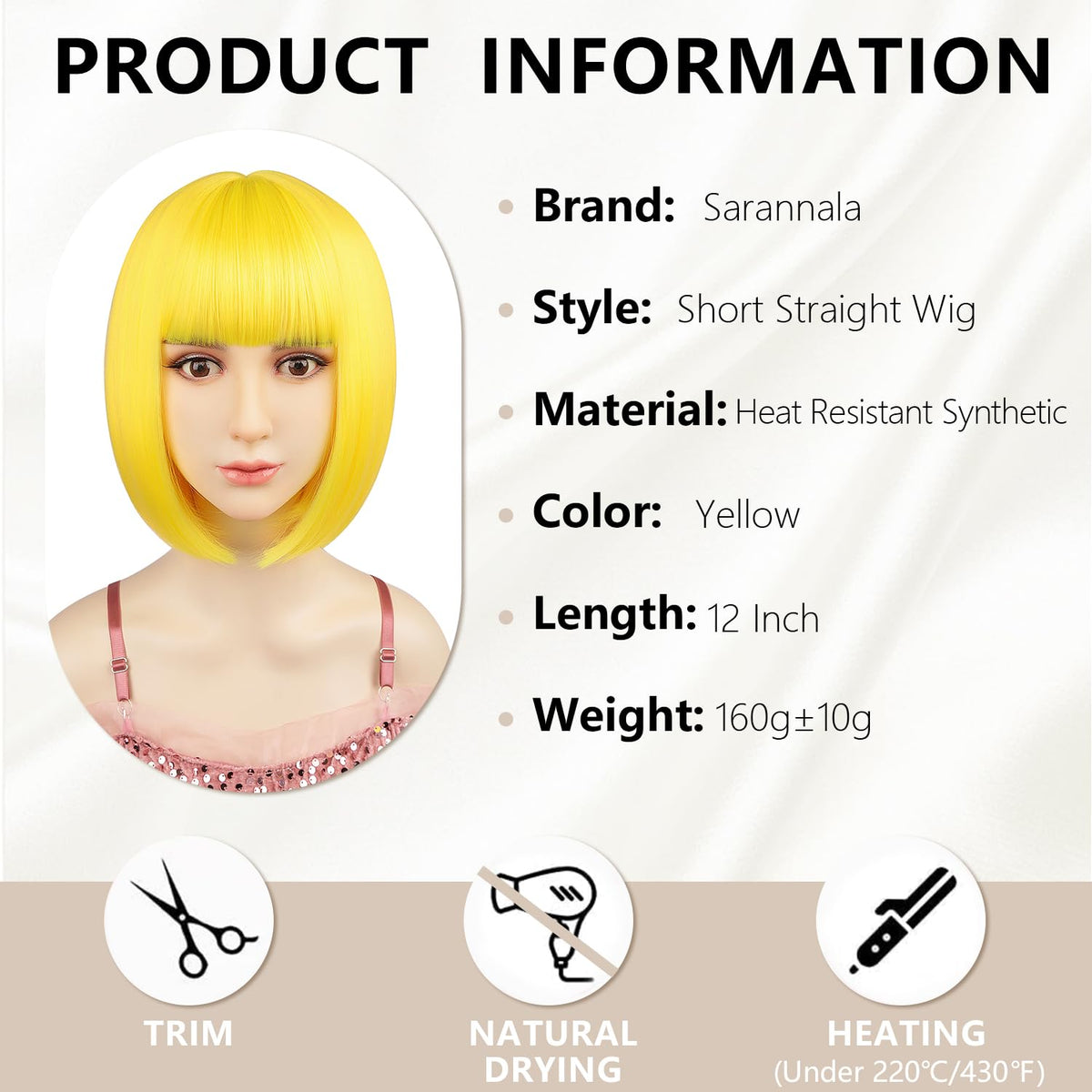 Sarannala Bob Wig 12in yellow color close-up shows vibrant texture