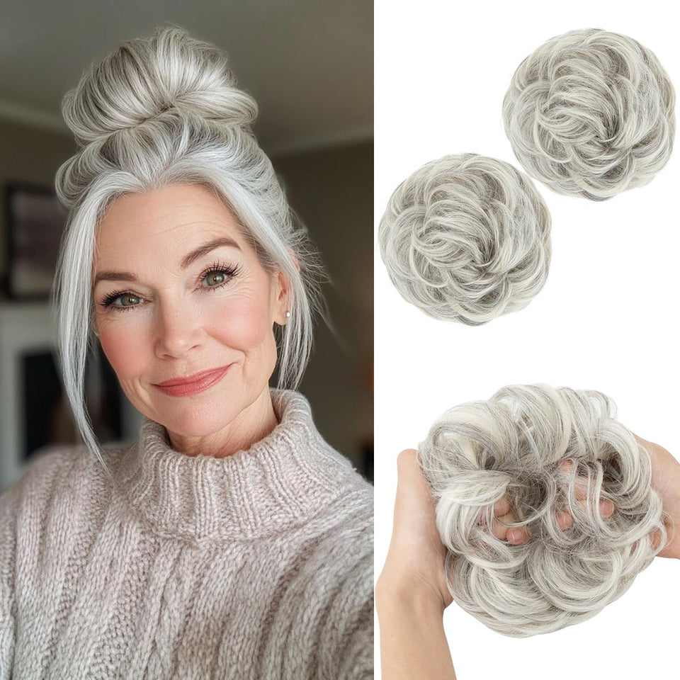 Sarla 2-piece messy bun in grey multi worn for effortless updo