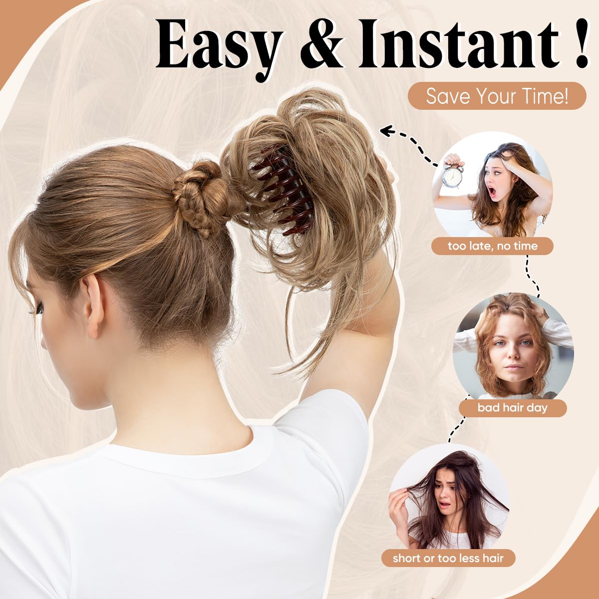 SARLA messy bun clip wavy curls closeup shows volume.