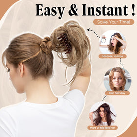 SARLA messy bun clip wavy curls closeup shows volume.