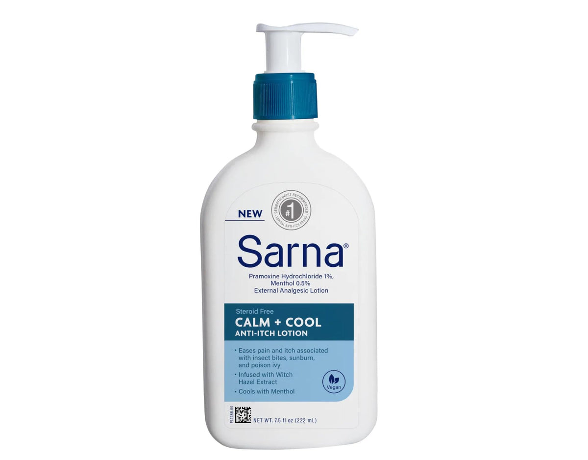 Sarna Calm + Cool lotion texture close-up highlighting non-greasy soothing feel