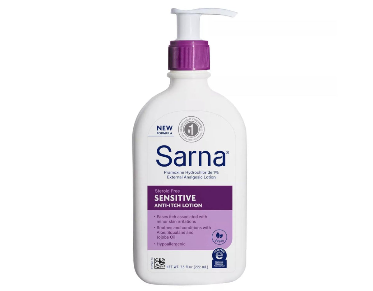 Applying Sarna lotion with pump for quick, mess-free relief.