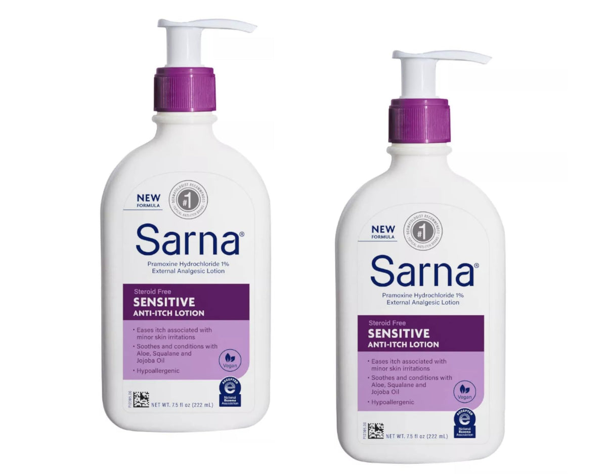 Sarna Sensitive Anti-Itch Lotion pump front view for easy, targeted itch relief.