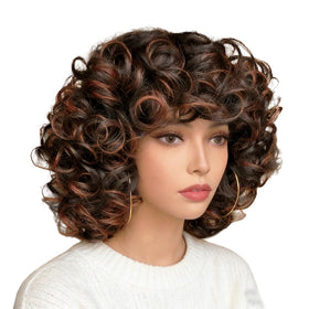 Sashowna short curly wig with bangs showing natural-looking volume for daily wear.