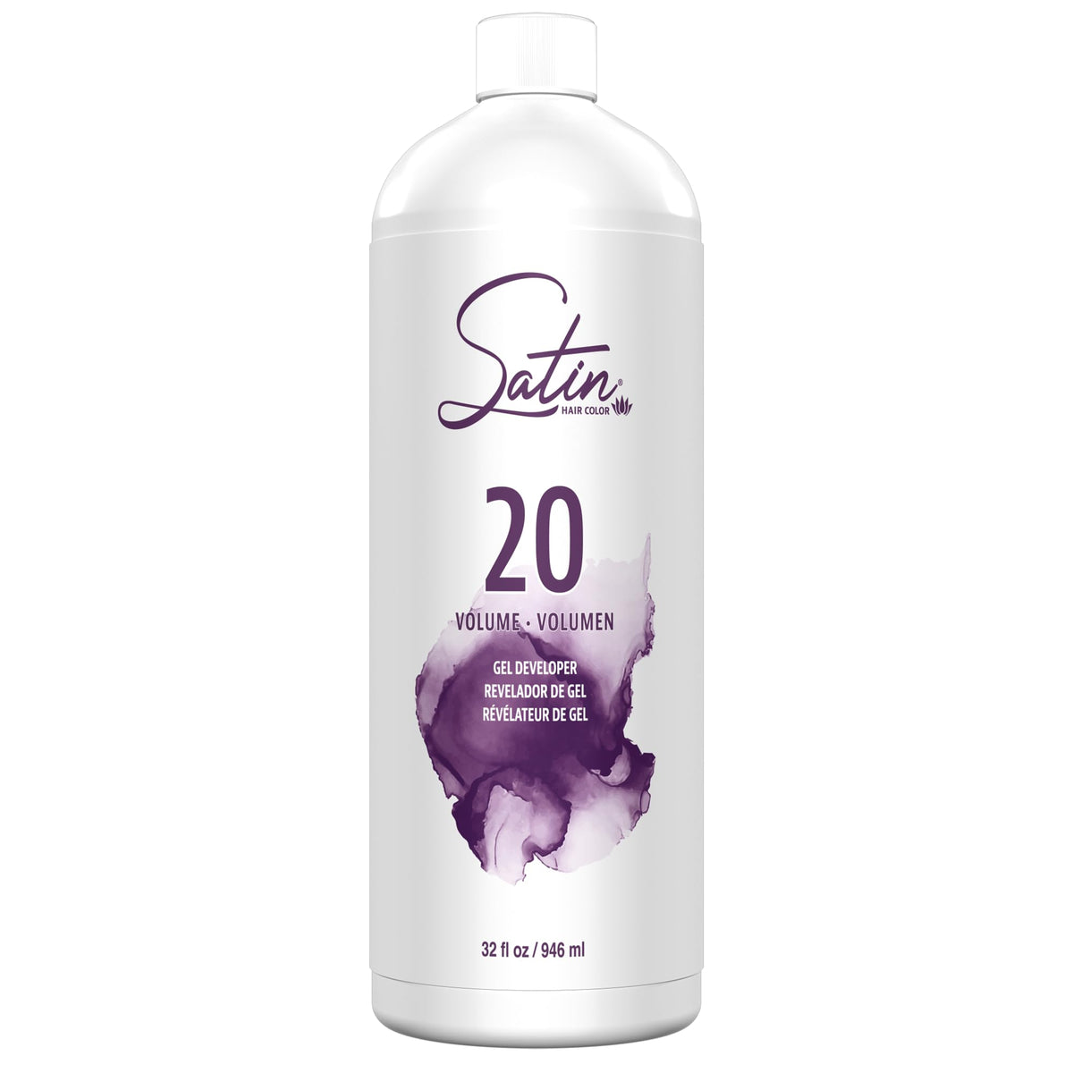 Satin 20 Volume Cream Developer bottle pour for balanced lift and color activation.
