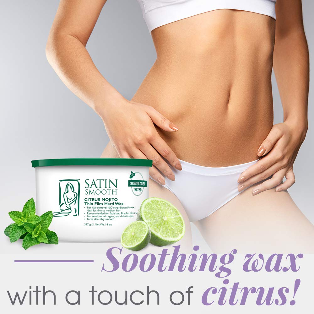 Satin Smooth Citrus Mojito wax spread on skin for gentle depilation in sensitive areas.