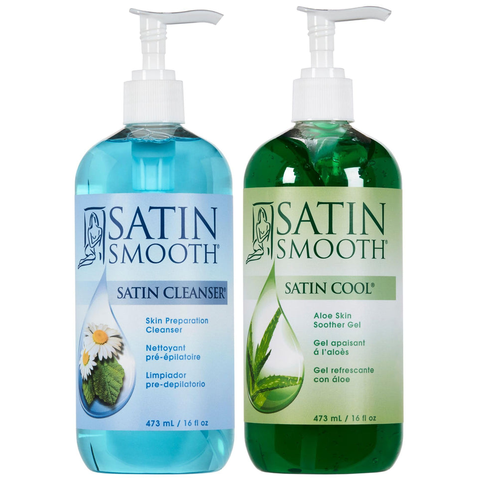 Satin Smooth pre-wax cleanser and aloe gel for soothing post-wax skin.
