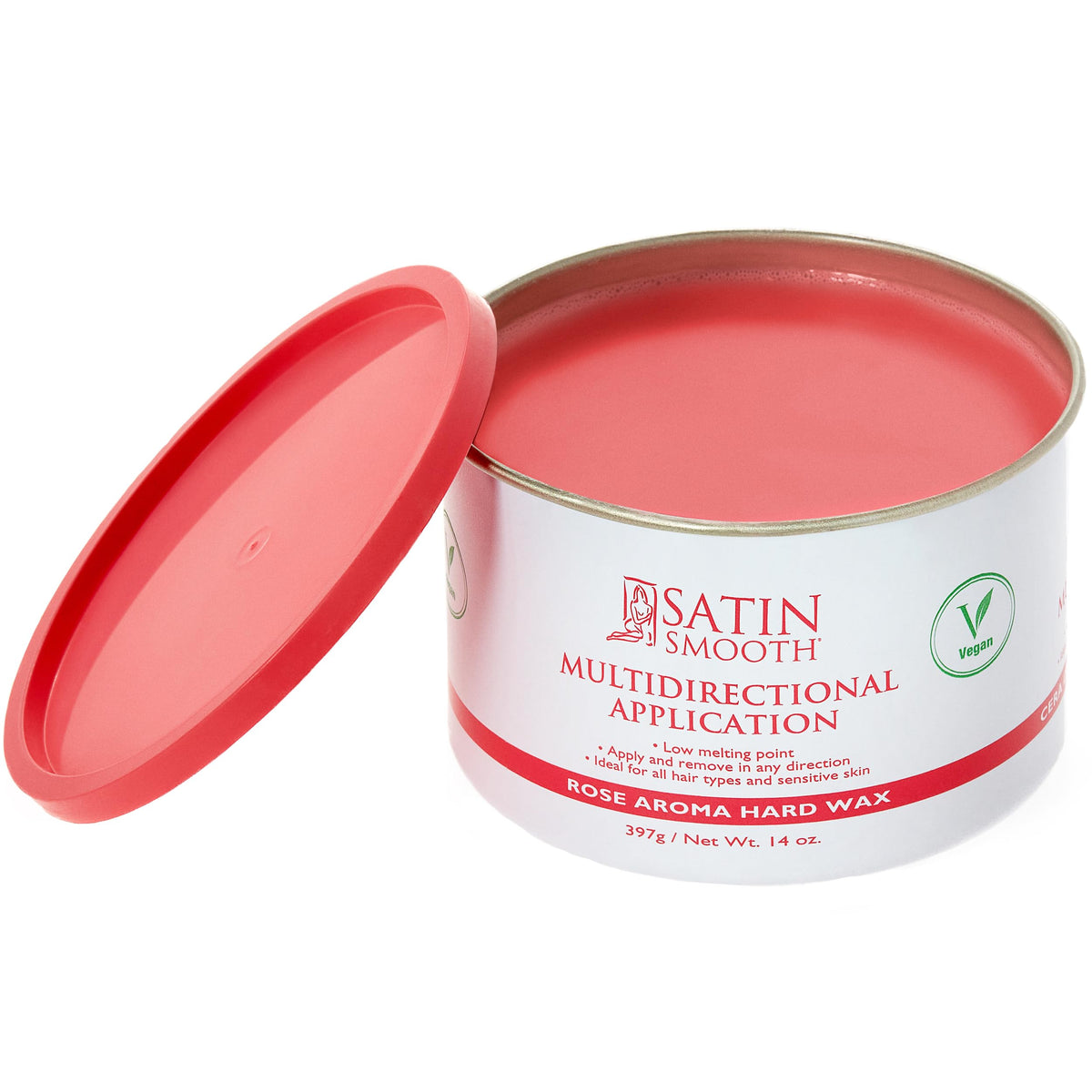 SATIN SMOOTH Ruby Rose hard wax bottle pour shows rose aroma for easy, smooth application.