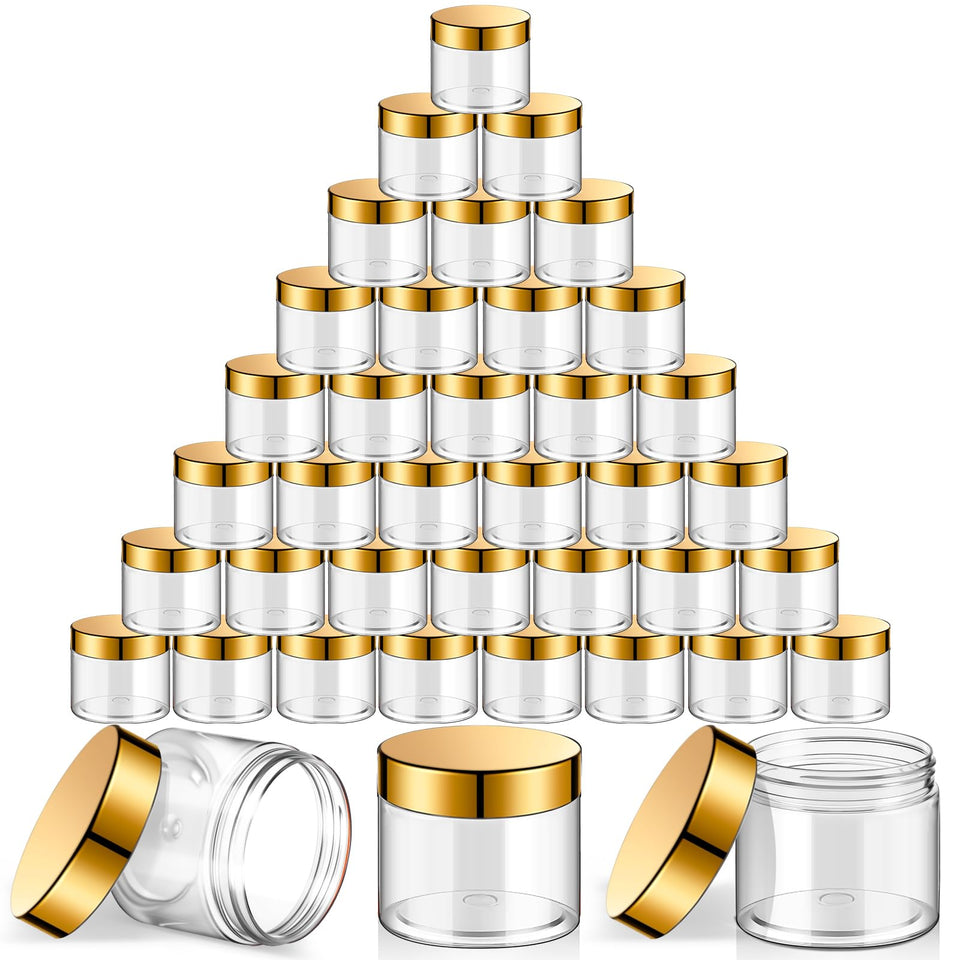 SATINIOR 36-pack 2oz jars with wide mouths and gold lids for cosmetics storage.