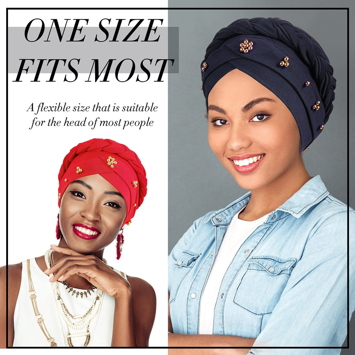 SATINIOR red turban braid headscarf with bead details for a bold pop