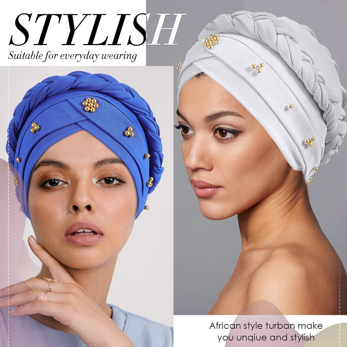 SATINIOR turban braid headscarf in white with bead accents for a clean look