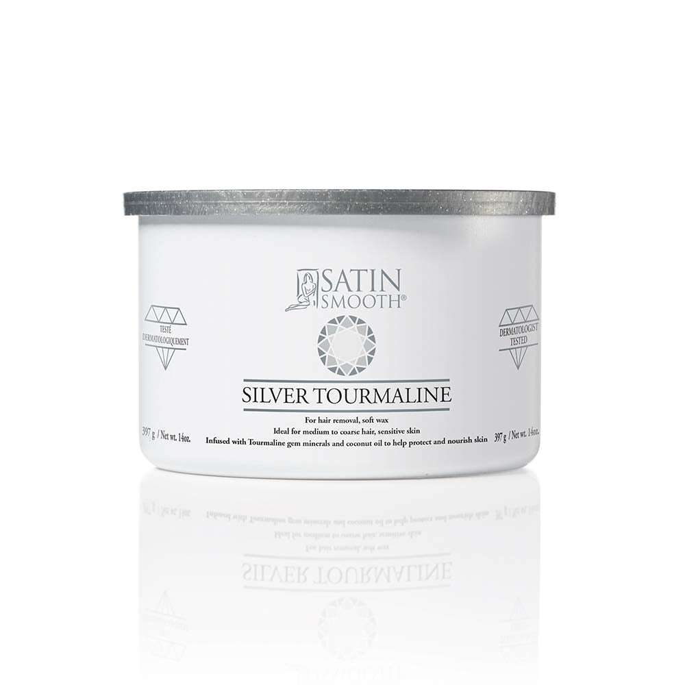 SATIN SMOOTH Silver Tourmaline wax bottle with rose scent for premium waxing sessions.
