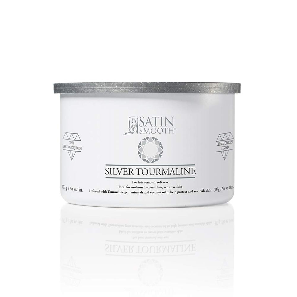 SATIN SMOOTH Silver Tourmaline wax bottle with rose scent for premium waxing sessions.