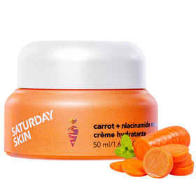 Saturday Skin face moisturizing cream bottle demonstrates daily hydration routine.