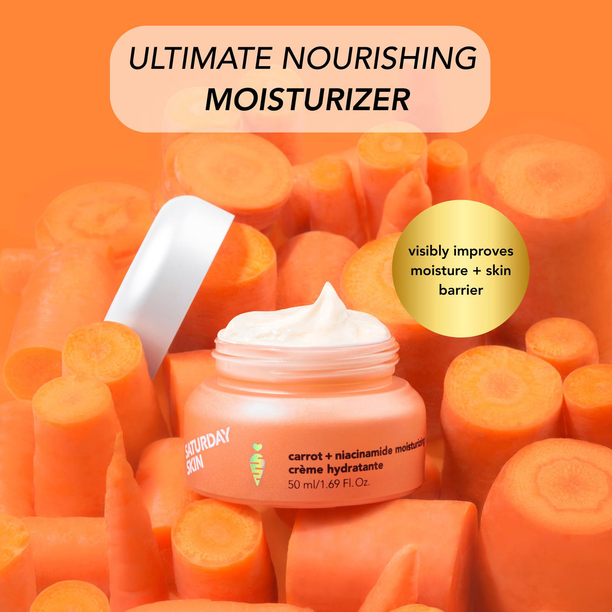 Saturday Skin niacinamide ceramides centella graphic highlights barrier-supporting ingredients.
