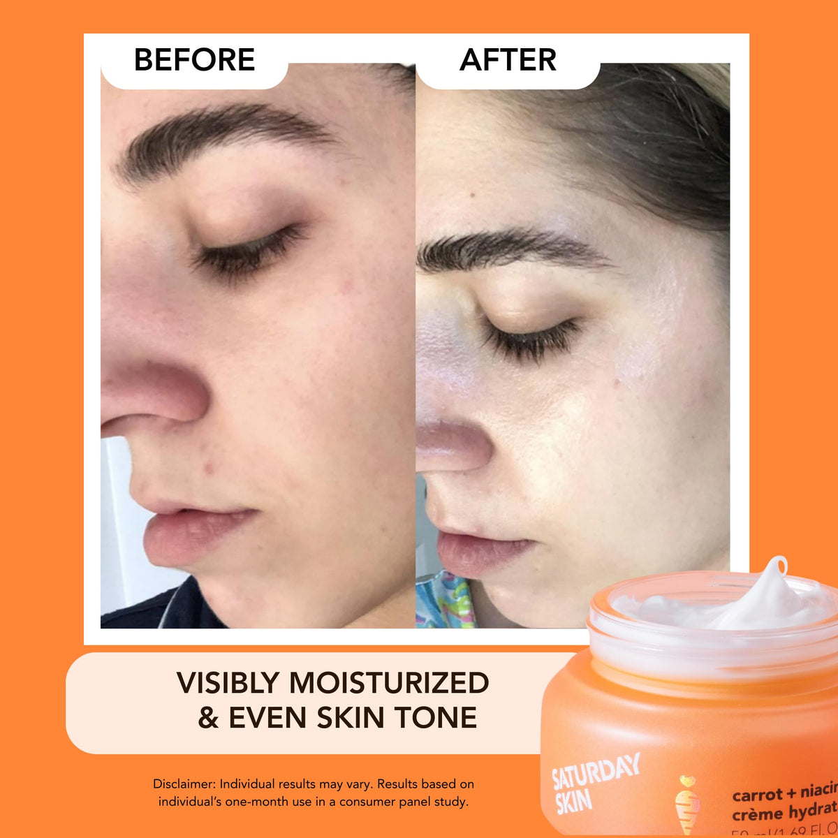Front packaging of Saturday Skin moisturizer emphasizes clean fragrance free formula.