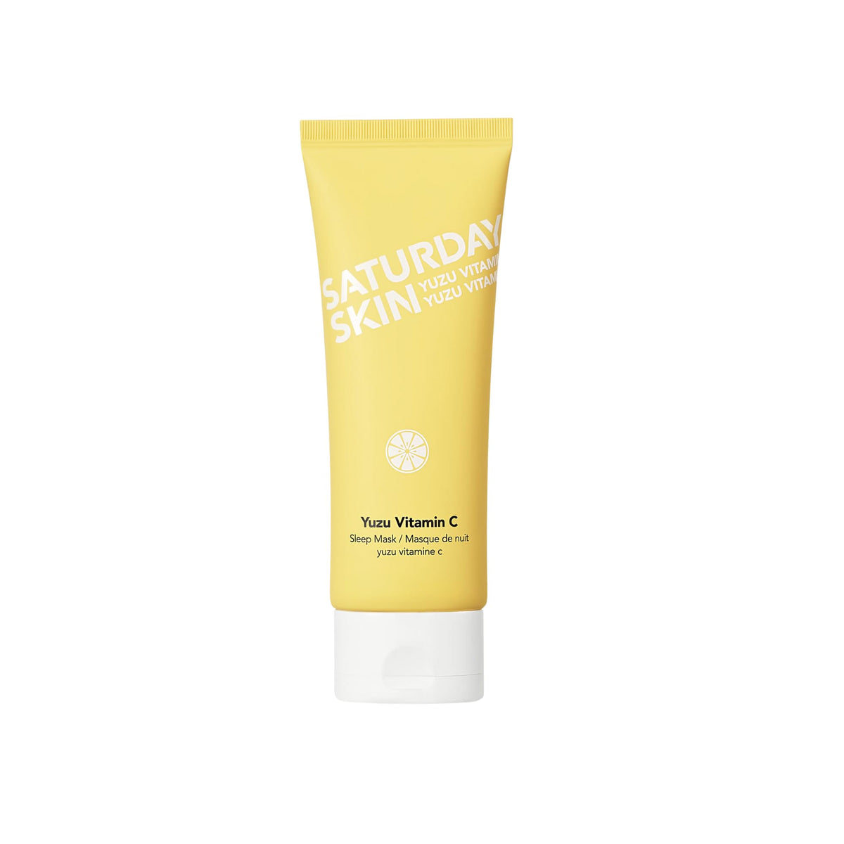 Saturday Skin Yuzu Vitamin C Sleep Mask tube closeup for brightening overnight care.