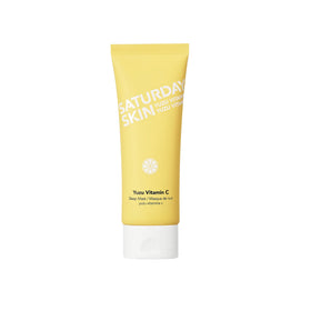 Saturday Skin Yuzu Vitamin C Sleep Mask tube closeup for brightening overnight care.