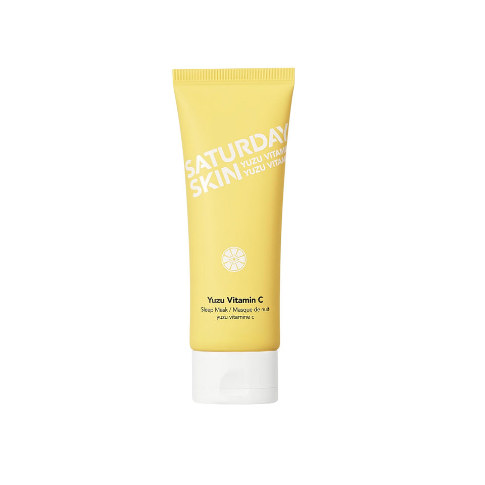 Saturday Skin Yuzu Vitamin C Sleep Mask tube closeup for brightening overnight care.