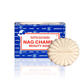 Satya Nag Champa Sai Baba soap 4-pack box, convenient bulk packaging for value.