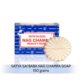 Satya Nag Champa Sai Baba soap on shelf with bubbles, inviting calming aroma.