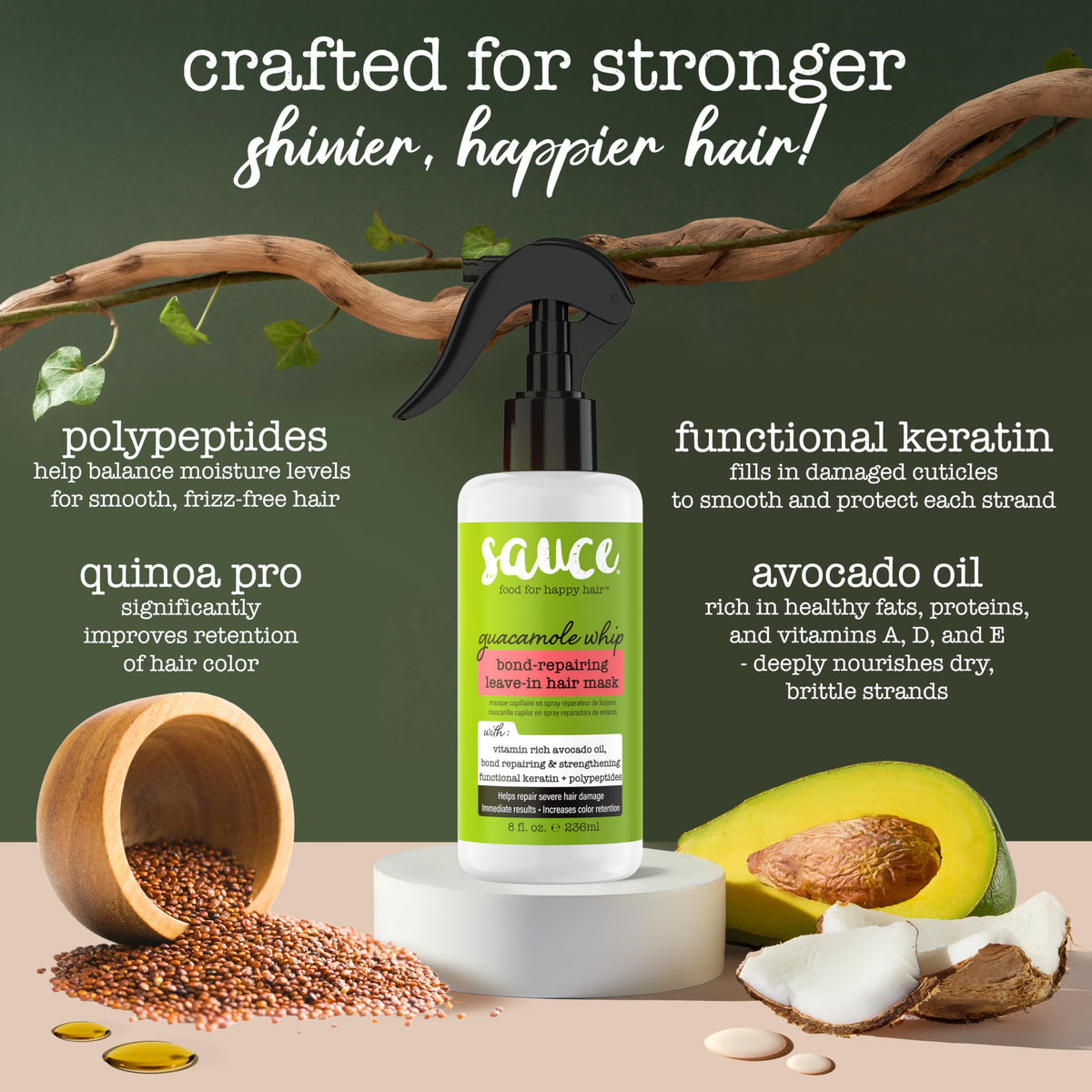 SAUCE BEAUTY bond repair application closeup highlights detangling benefits.